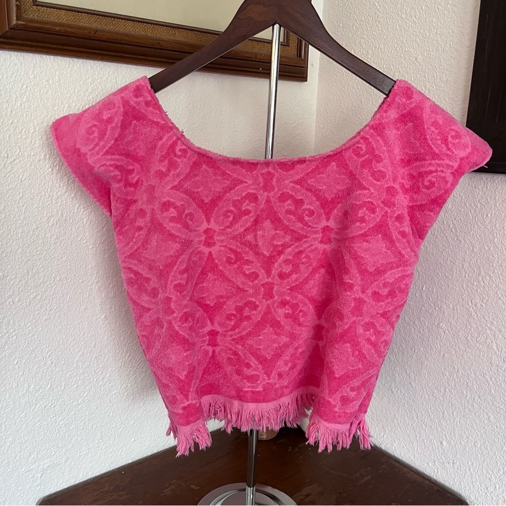 Bright Pink Short-Sleeve Fringe Patterned Top